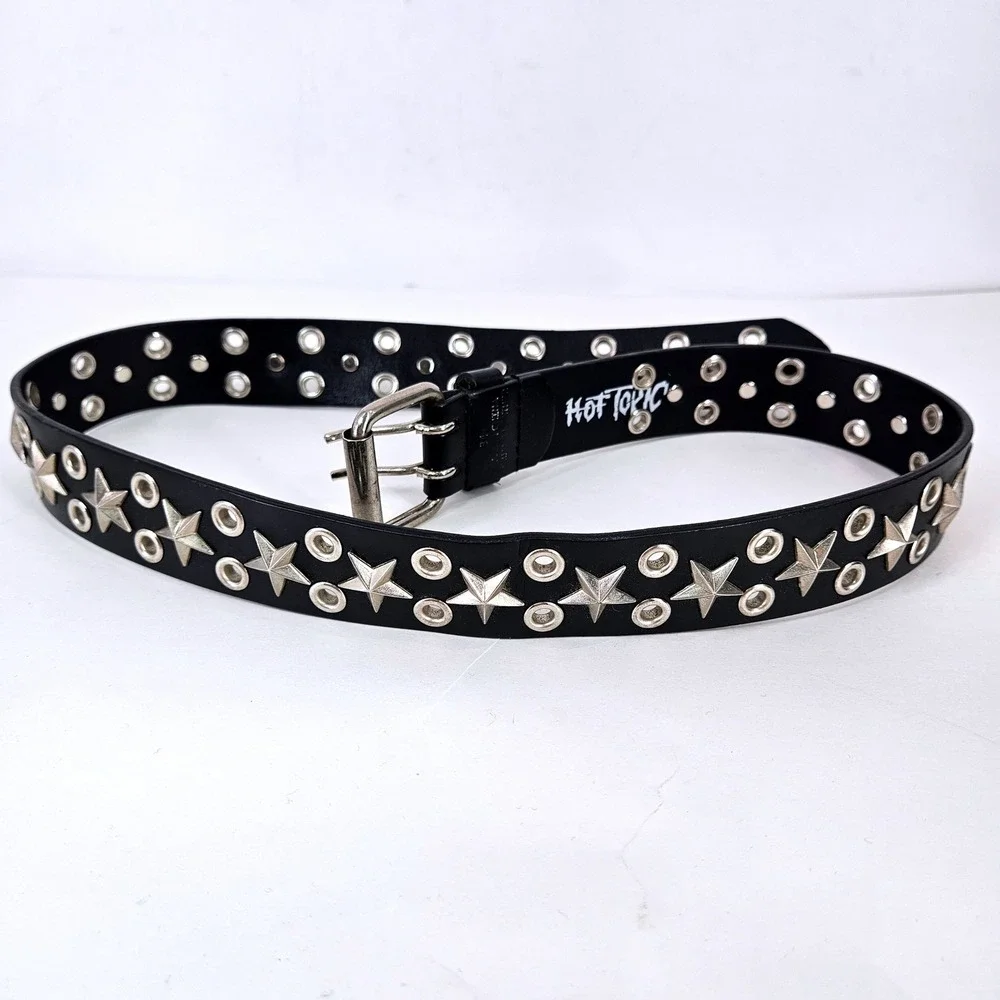 Vintage Hot Topic Black Genuine Leather Star Studded Grommet Belt Sz 34 90s y2k